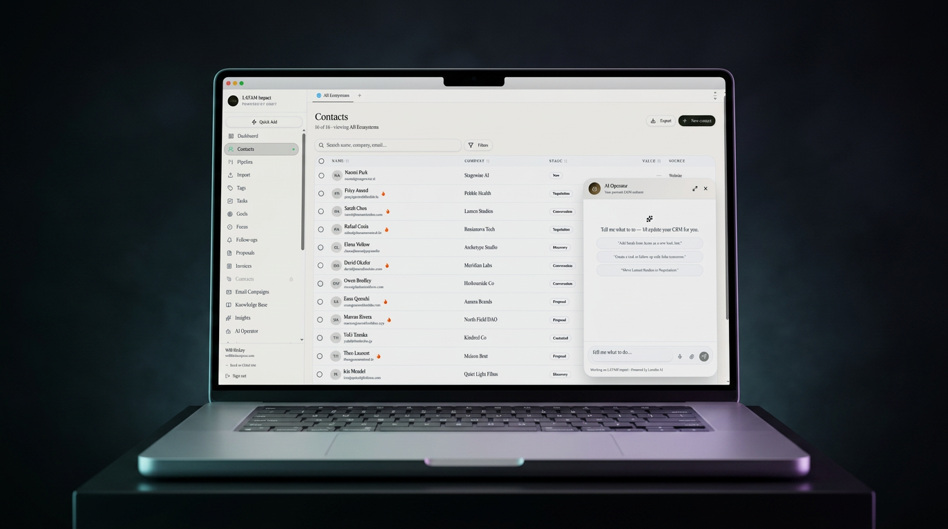 Orbit AI Operator running inside the CRM, taking a plain-English command