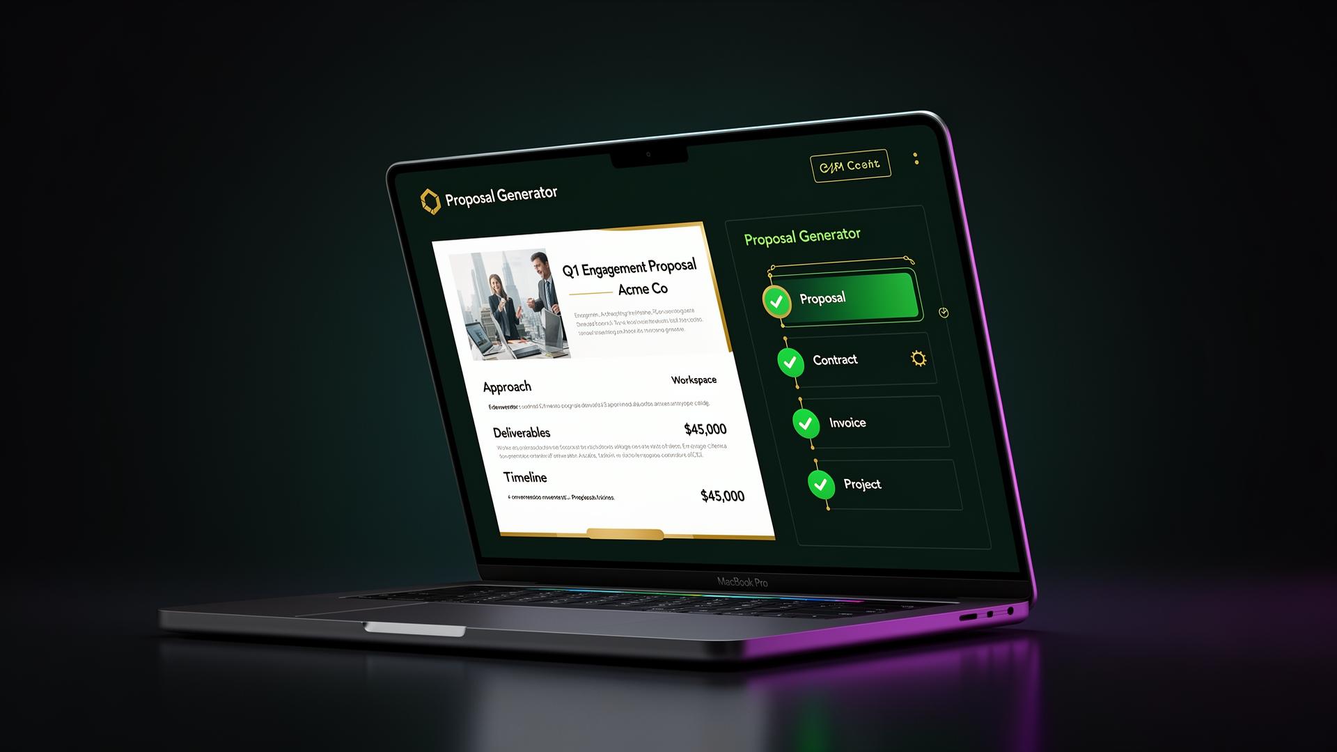 Orbit Proposal Generator inside a client workspace with contract, invoice and project tracking